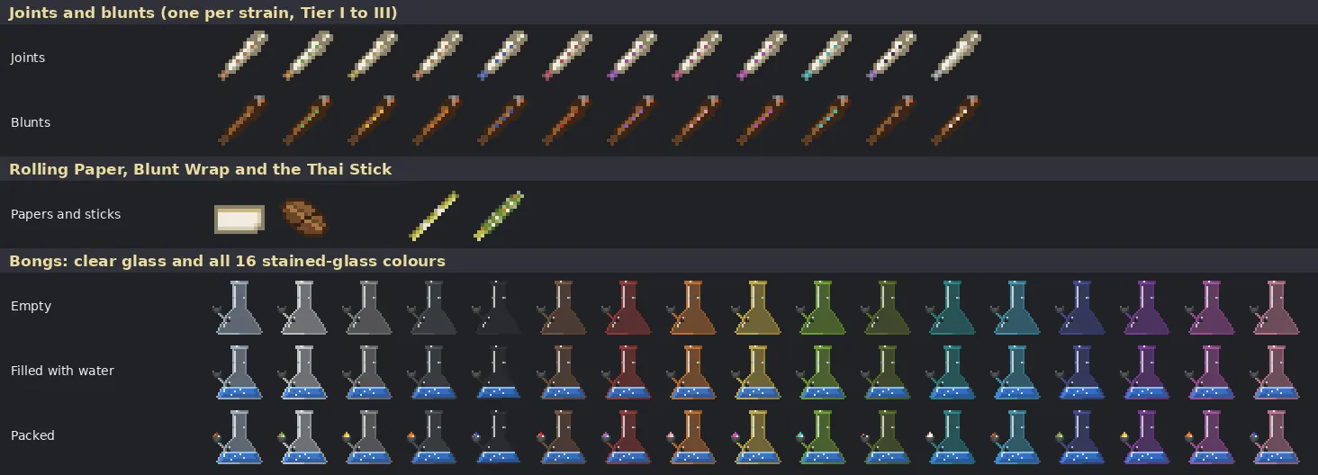 Joints, blunts, the Thai Stick and glass bongs in every color.